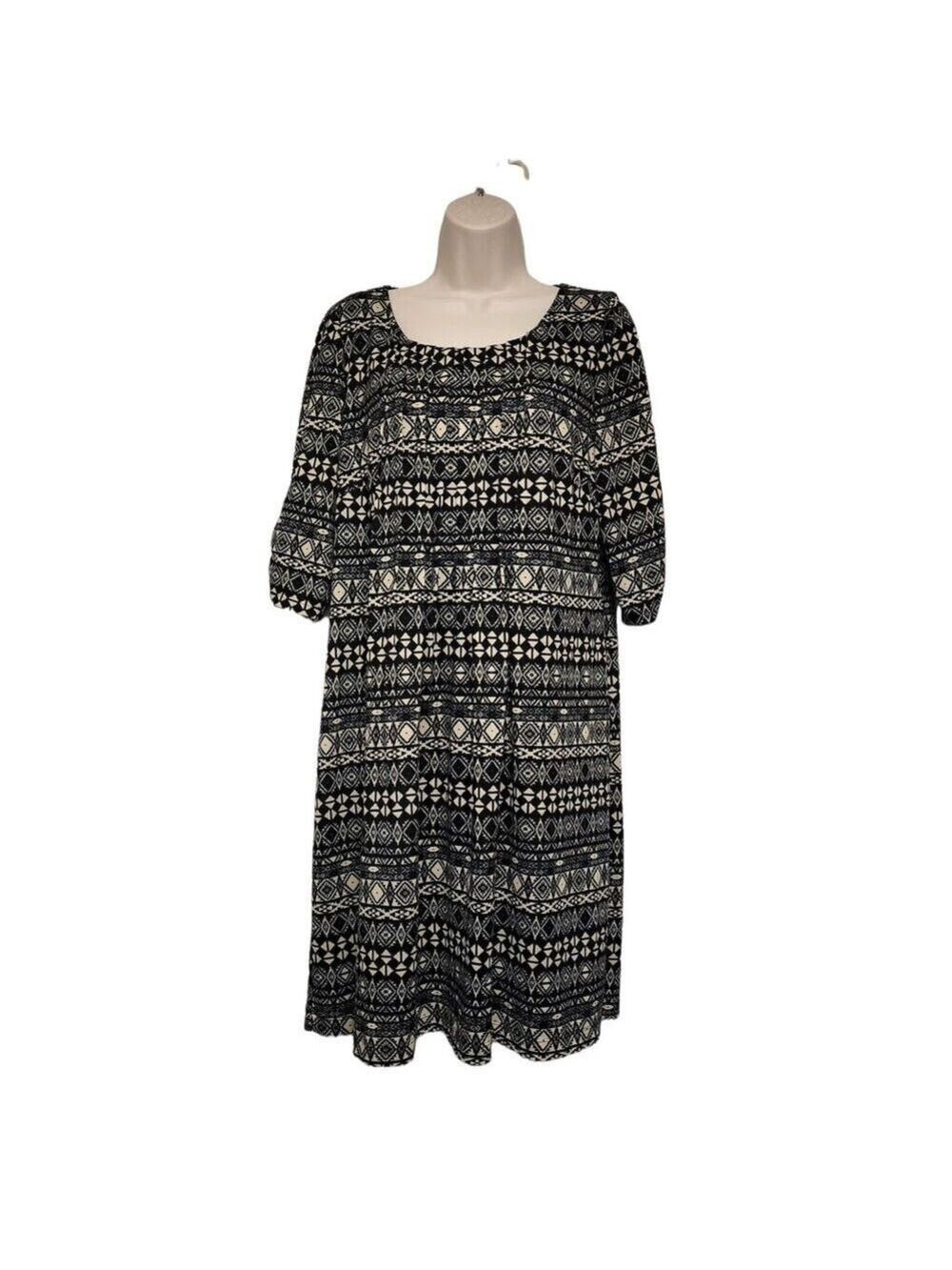 Perceptions New York black tan dress tucks Tribal pattern 3/4 sleeve Misses L